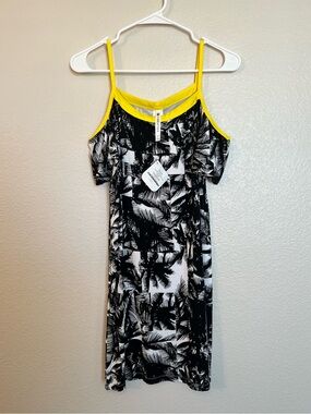 NWT Fabletics Tina Dress XS Black White Palm Print Cold Shoulder Yellow Trim